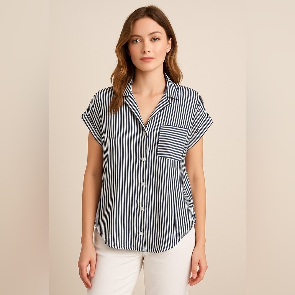 ID:23 Women’s Striped Nautical Button-Down Blouse S | Preppy Coastal Hi-Low Top